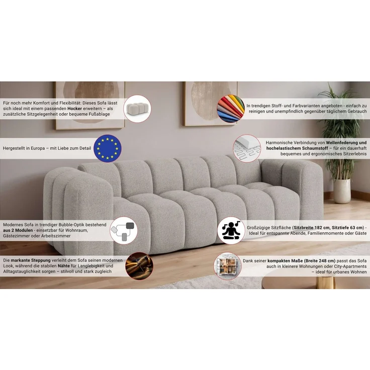 OTTO home Big-Sofa KALLIE Design-Sofa mit Steppung, Bubble-Optik, Breite 248 cm, moderne Steppung, hoher Sitzkomfort und modernes Design – Bild 3