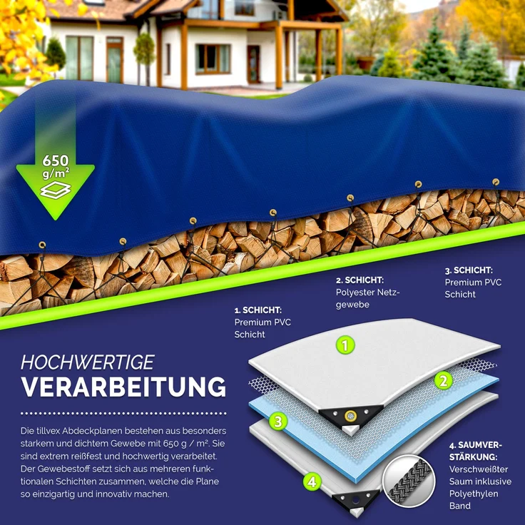 tillvex® Abdeckplane Blau - 2x3 m mit Ösen + 10 Haken & 15m Seil | Gewebeplane 650g/m² Wasserdicht & Reißfest | Premium PVC-Plane Universell LKW, Pool, Holz Gartenmöbel | Gartenplane Abdeckung – Bild 3