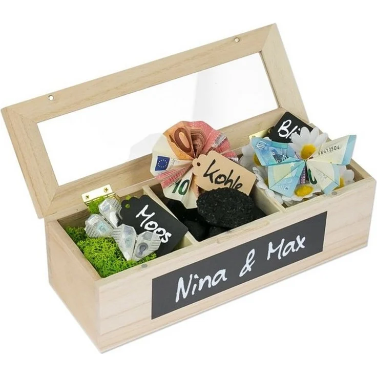 SURPRISA Geschenkbox Schotter-Schatulle Geldgeschenk, aus Paulownienholz, 3 Fächer, Geschenk zur Hochzeit, Geburtstag usw. – Bild 4