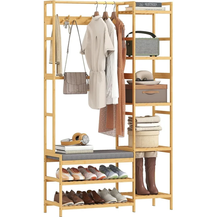 HOMCOM Garderobenständer mit Schuhregal, Kleiderhaken, Mantelständer, Sitzbank mit Kissen, (Kleiderständer, 1 St, Standgarderobe), für Wohnzimmer, Schlafzimmer, Naturholz – Bild 1