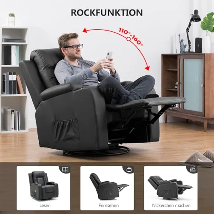 COMHOMA Relaxsessel Fernsehsessel mit verstellbarer Rückenlehne und Fußstütze,360°drehbarer Loungesessel aus PU-Leder mit Getränkehaltern und Seitentaschen,ergonomische Ganzkörperunterstützung,Schwarz – Bild 3
