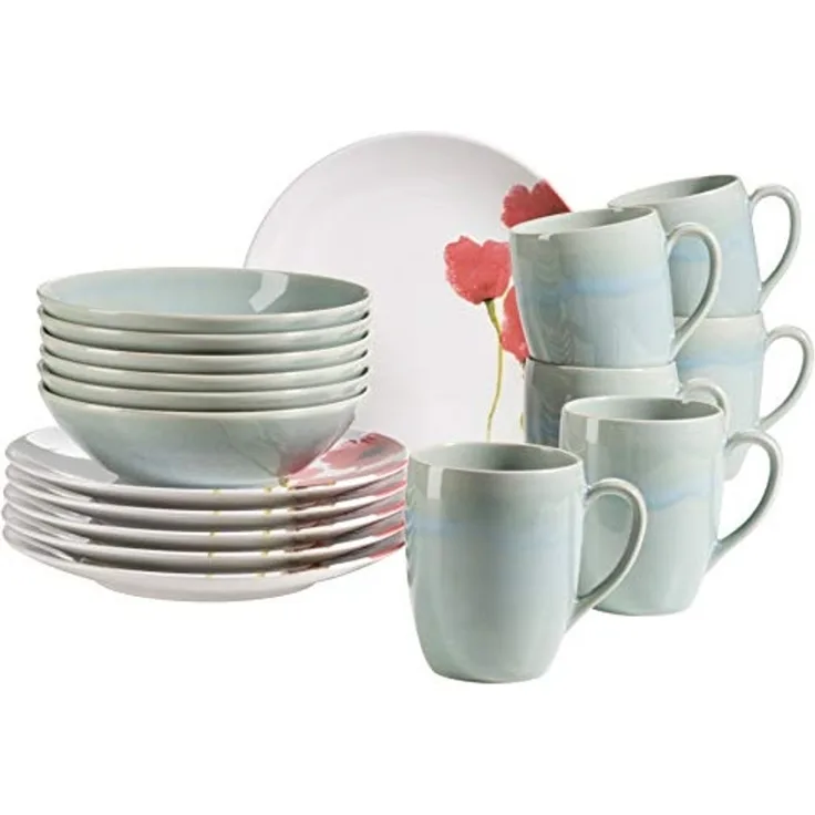 Mäser 931927 Frühstücksset Ossia für 6 Personen, Steinzeug, türkis/rot (1 Set, 18-teilig)