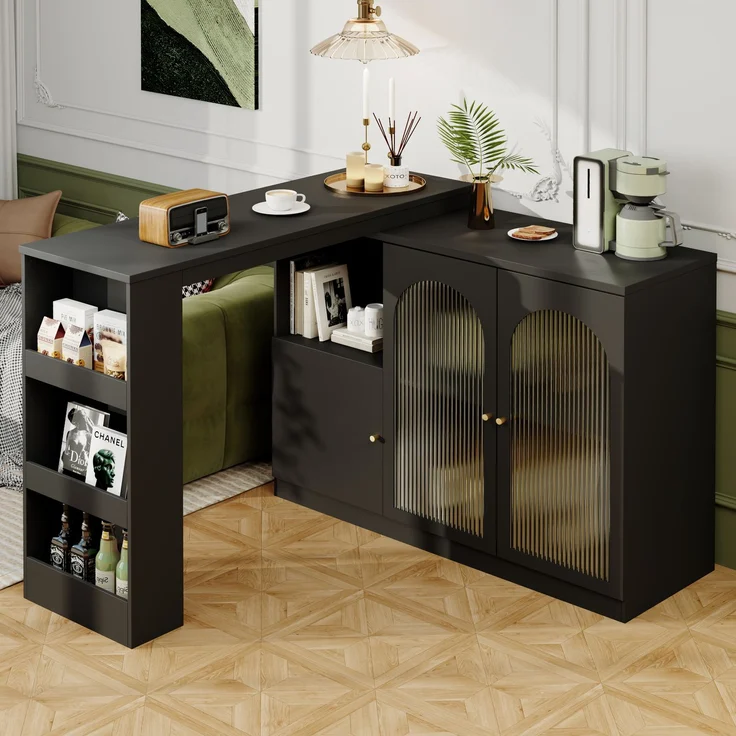 ZUBALIYA Drehbarer Bartisch 120 x 40 cm, mit Stauraum, mit Glastüren, MDF, Schwarz – Bild 11