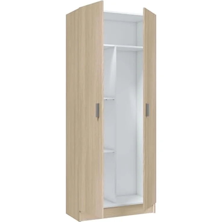 Mehrzweck-Kleiderschrank mit zwei Flügeltüren und zwei höhenverstellbaren Einlegeböden, Eichenfarbe, 73x37 x H180 cm – Bild 5