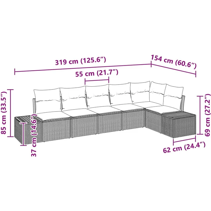 vidaXL Gartensofa-set mit Kissen 6 pcs Braun Poly-Rattan 3347084 – Bild 8