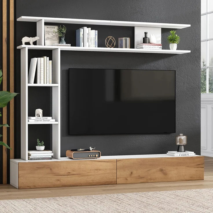 180*35*22.5cm TV Wohnwand-set mit Vitrinen,Mediawand inkl. TV-Board, Standregal und Wandregal,TV Wohnzimmermöbel-Set,TV-Schrank, stehend&hängend,TV bis 80',Weiß + Holzfarbe--Weiß + Eiche--95.99x36.5x16.99cm--YOUDENOVA – Bild 4