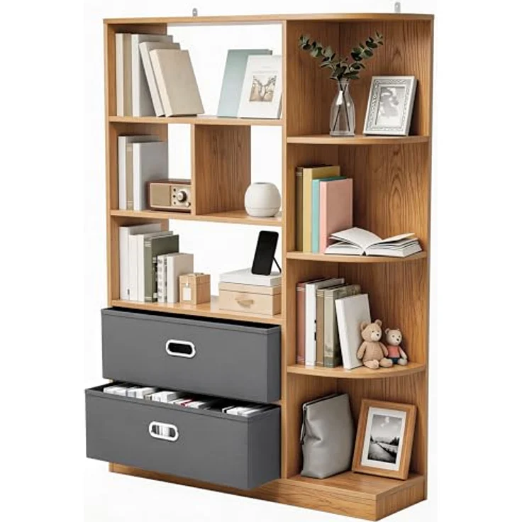 YITAHOME Freistehend Freistehendes Bücherregal mit 8 offenen Regalböden und 2 Schubladen (Stoffbezug) für Wohnzimmer, Schlafzimmer, Büro, Eichenfarbe, 80 × 24 × 115 cm (B × T × H) – Bild 8