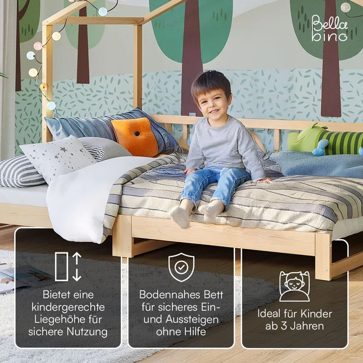 Bellabino 'Bia' Hausbett 90x200 cm/180x200 cm mit 2x 90x200 cm Matratze, natur, Kiefer Massivholz, Bodenbett in Hausoptik, ausziehbares Kinderbett mit Lattenrost – Bild 3