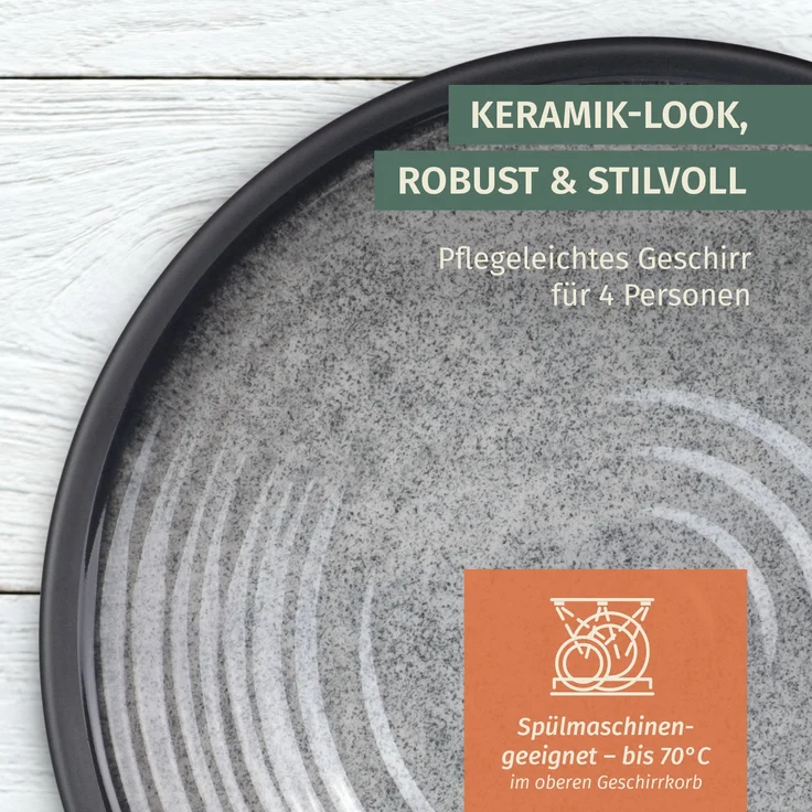 Moritz Camping Tafelgeschirr aus Melamin für 4 Personen 12-teilig | spülmaschinenfest | Picknick Geschirrset | Geschirr Campinggeschirr I Stone Grey Design – Bild 4