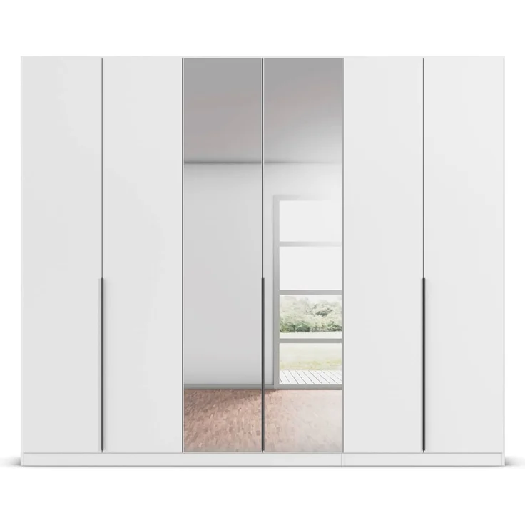Rauch Möbel Alabama, Kleiderschrank, Garderobenschrank, 6-türig, Spiegel, Zubehör Basic, 3 Kleiderstangen, 6 Einlegeböden, Farbe Weiß, Griff Grau metallic, 271 x 229 x 54 cm – Bild 6