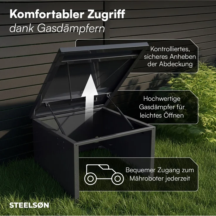 STEELSØN 'Drakon' Mähroboter Garage, Metall, anthrazit, wetterfest, 53/42x77x90 cm, Mähroboterhaus mit aufklappbarem Pultdach – Bild 2