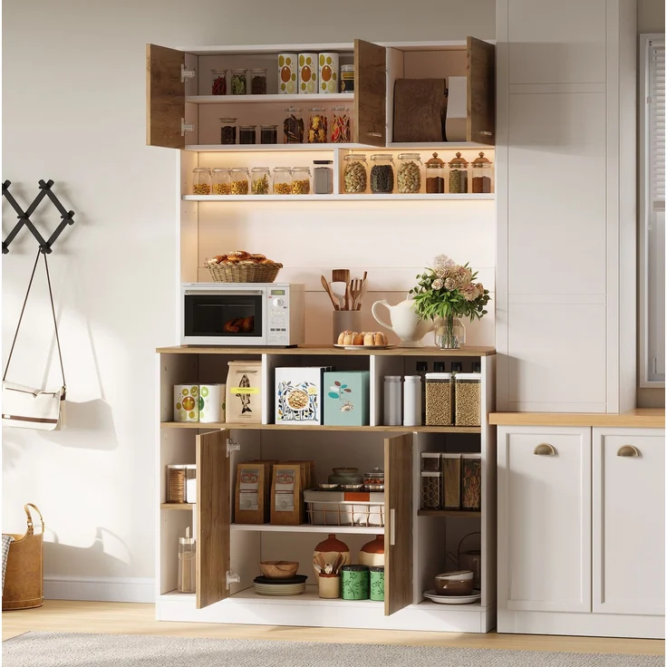 Küchenschrank 105 x 40 x 180 cm in Weiß und Natur mit RGB-LED-Beleuchtung und verstellbaren Einlegeböden – Bild 1