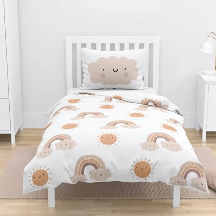 MTOnlinehandel Babybettwäsche Little Sunrise Biber/ Flanell in 100x135 + 40x60 cm, Boho, 100% Baumwolle, 2 teilig, Winterbettwäsche kuschelig und weich, Regenbögen und Sonne, weiß – Bild 7