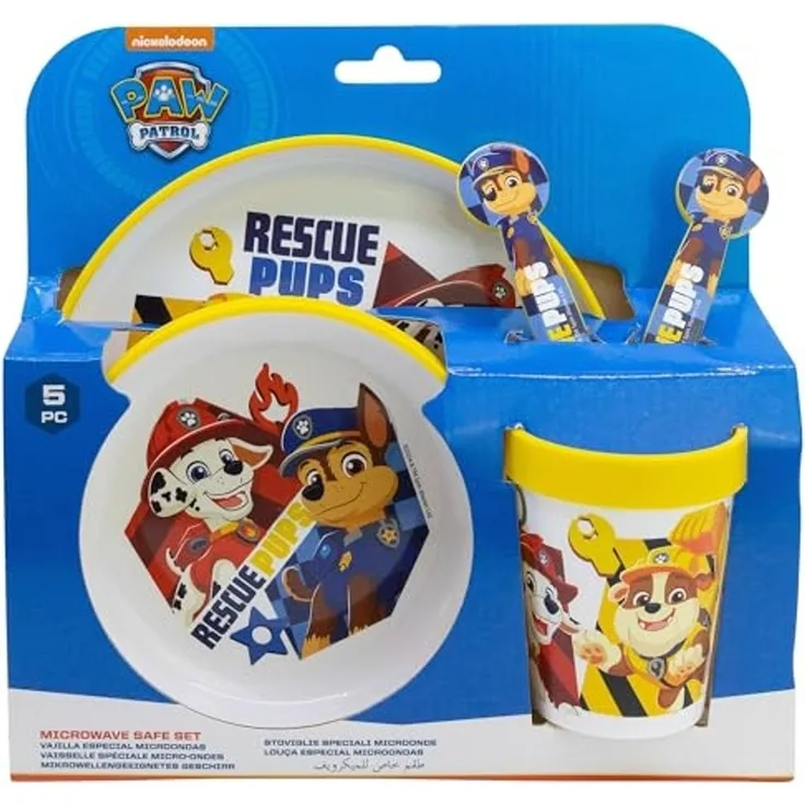 Paw Patrol Kindergeschirr Set 5-teilig Rutschfestes Ess-Set mit Teller, Schüssel, Becher & Besteck