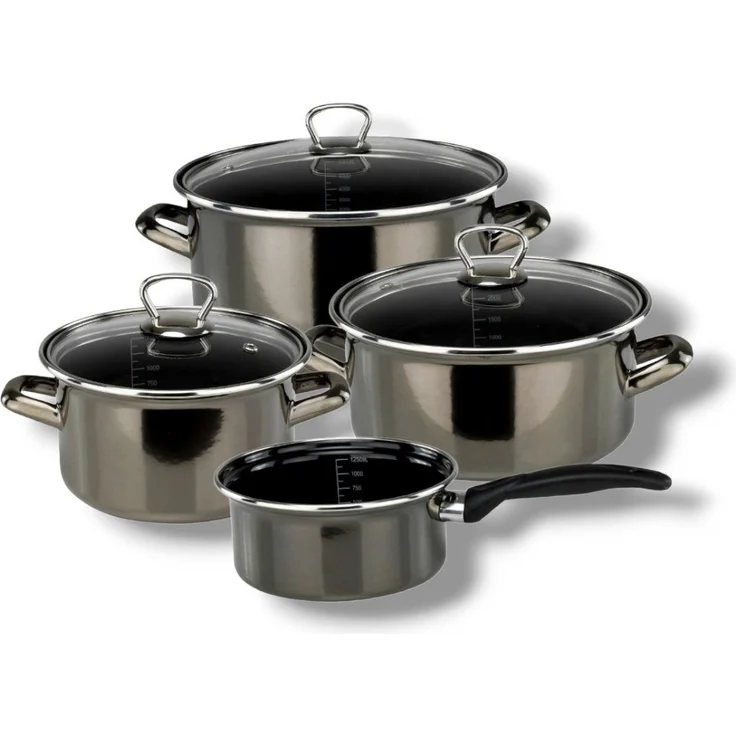 Bemus Emaille Kochtopf-Set BLACK PEARL 7tlg, anthrazit glänzend – Bild 1