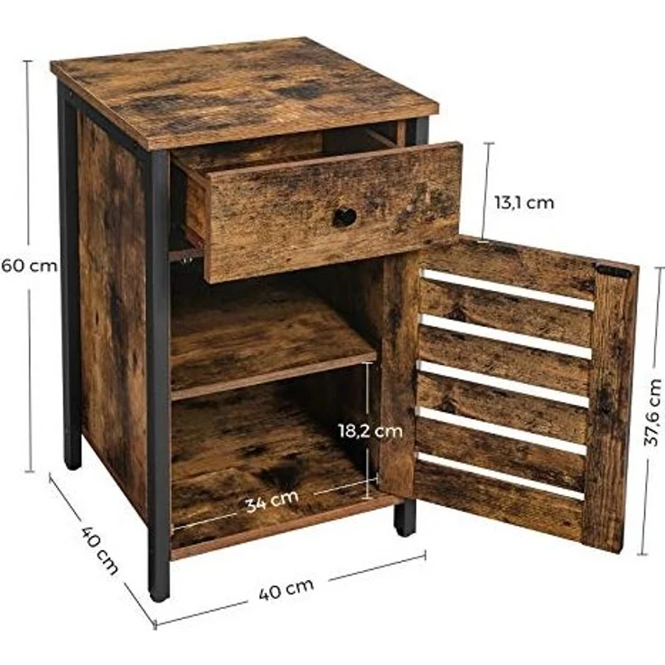 Nachttisch, Beistelltisch mit Schublade, Klapptür, Beistelltisch mit verstellbarer Ablage, Metallrahmen, Industriestil, – Bild 3