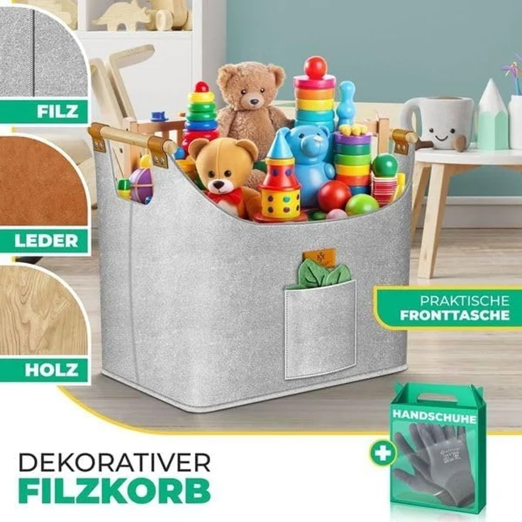 KESSER® Brennholzkorb | Kaminholztasche extra dicker Filz | Feuerholzkorb faltbar mit verstärkten Holzgriffen | Aufbewahrungskorb für Holz, Zeitung oder Brennholz | Inkl. Arbeitshandschuhen Hellgrau, 60 Liter – Bild 3