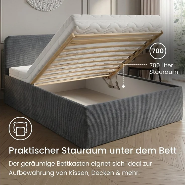 Home Collective Polsterbett Bett mit Stauraum, verstellbarem Lattenrost, viele Größen (Größen: 100x200 120x200 140x200 160x200 180x200 200x200, hochwertiger Kordstoff, made in Germany), wählbare Matratze Federkern oder Kaltschaum, Anthrazit – Bild 4