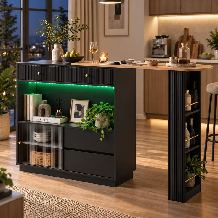 Drehbare Kücheninsel mit Bartheke, bis 183 cm ausziehbar, aus Spanplatte mit LED-Beleuchtung,H 100 x T 183 x B 30 cm – Bild 4