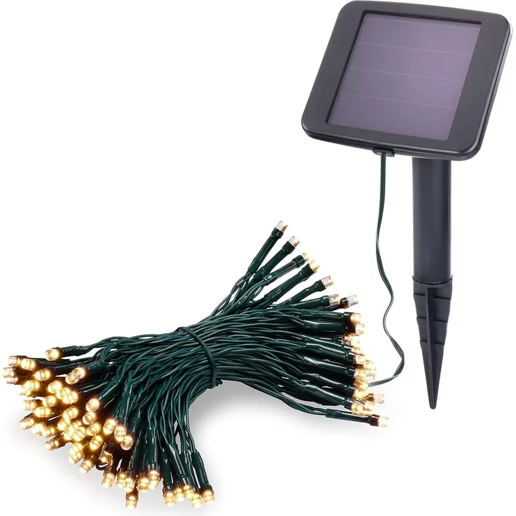 Solar Lichterkette, 10m, 100 LEDs, warmweiß, Zuleitung 2m, Akku, Solarmodul, Erdspieß, Außenlichterkette, Partylichterkette, Hochzeitsdeko, Garten, Terrasse, winterfest, außen, 102170