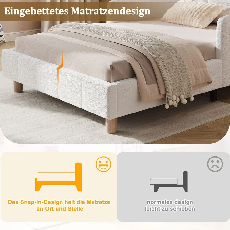 Merax Polsterbett, Einzelbett, Kinderbett 90x200 cm, Bett mit und gepolstertes Kopfteil und Rausfallschutz, Bettbeine aus Massivholz, bouclé, beige – Bild 5