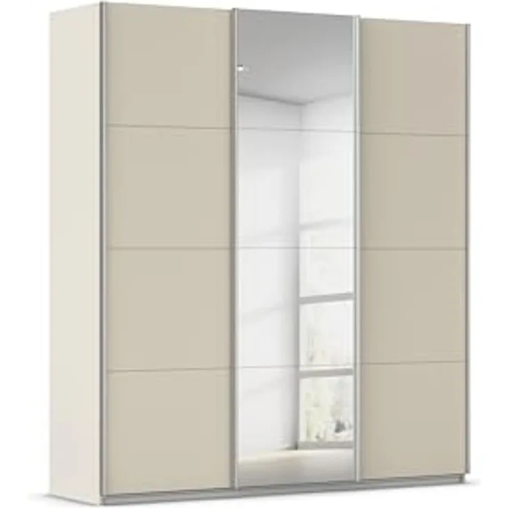 Rauch Möbel Kulmbach, Kleiderschrank mit Schwebetüren für Schlafzimmer, Kinderzimmer, Jugendzimmer, Garderobe, Flur, 3-türig, mit Spiegel, Zubehör Basic, Farbe Beige, Breite 203 cm