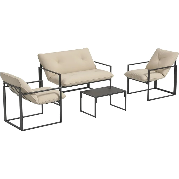 Outsunny Gartenmöbel Set 4 Personen Stahl wetterfest Balkonmöbel-Set mit 2er Sofa, Sessel Glastisch Sitzkissen Outdoor Sitzgruppe Terrassenmöbel Gartengarnitur für Garten Terrasse Balkon Grau+Beige