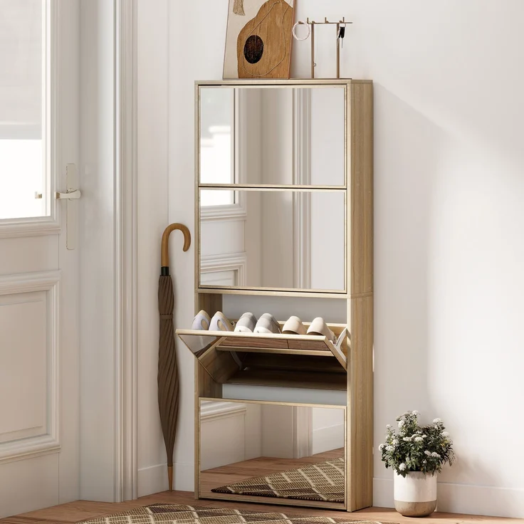 Spiegel-Schuhschrank mit 4 Türen, kippsicher, aus Holz, 63 x 17 x 146 cm, Farbe: Holz – Bild 3