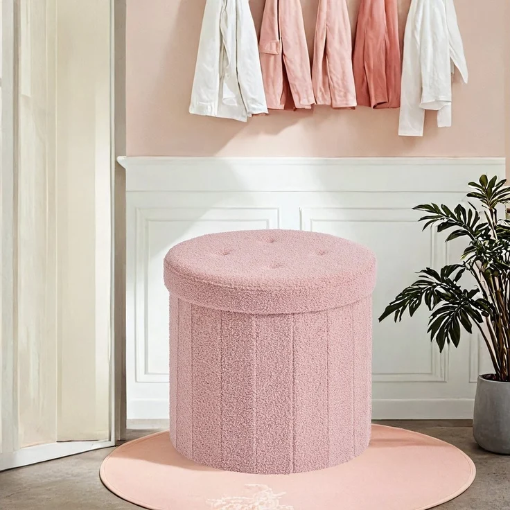 SONGMICS MAZIE Kollektion – Sitzhocker rund, Fußhocker mit Stauraum, faltbarer Hocker mit abnehmbarem Deckel, einfache Montage, Fleece, Wohnheim, Schlafzimmer, Wohnzimmer, pastellrosa – Bild 2