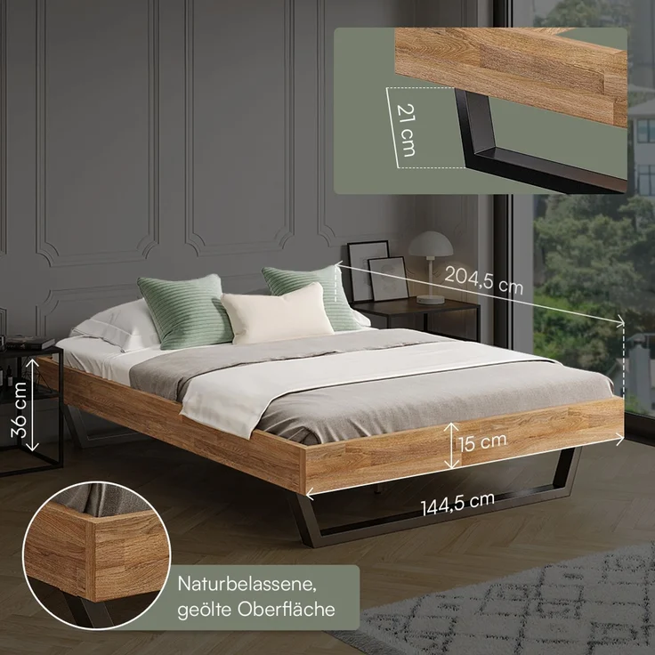 skølm 'Alver' Bett 140x200 cm, Bettgestell, natur geölt, Massivholzbett aus Eiche mit Metallkufen, Doppelbett ohne Bettkopf – Bild 6