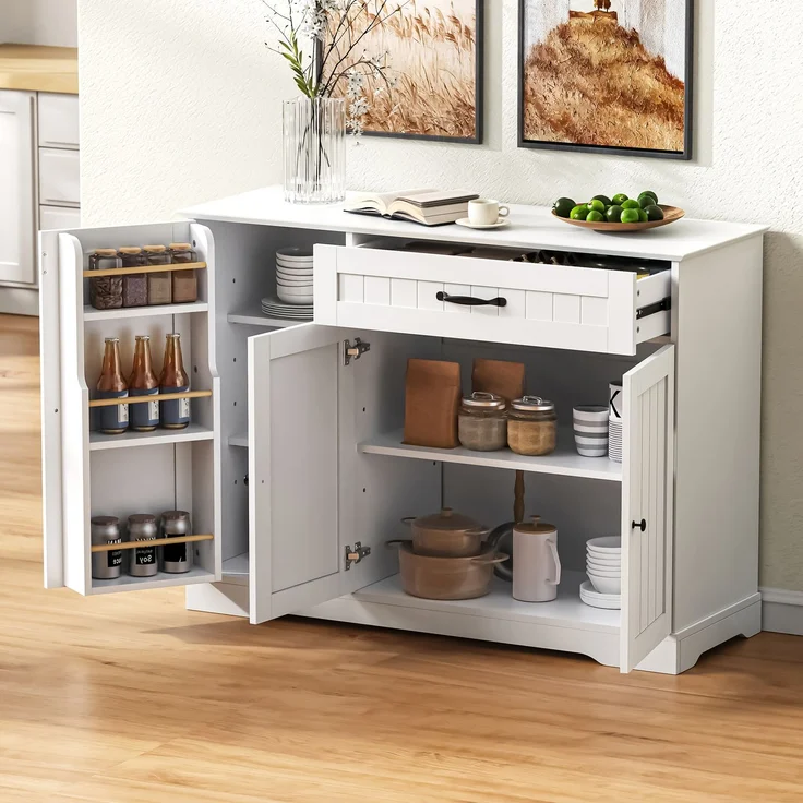 Modernes, elegantes Sideboard mit 3 Türen und einer Schublade, Buffetschrank für Esszimmer, Wohnzimmer und Diele (Weiß) – Bild 4