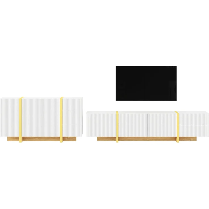 TV Lowboard Sideboard Set Wohnzimmermöbel Rillenfront Stauraumschrank Medienkonsole Schrankkombination aus PB und MDF--Weiß--190x35x45cm--YOUDENOVA – Bild 6