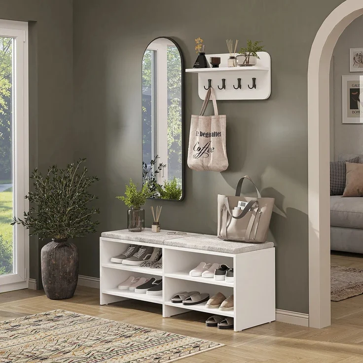 Roomart LENA Garderobenset 3-teilig – Sitzbank 120 cm, Wandgarderobe & Bogenspiegel – Flurgarderobe – H 50 x B 120 x T 37 cm (Sitzbank) • Weiß – Bild 1