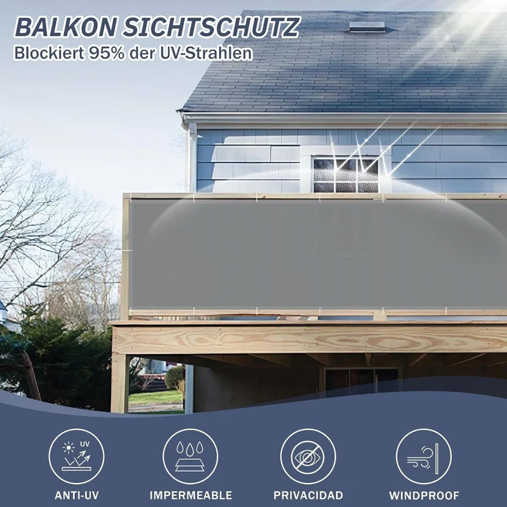 HENG FENG Balkon Sichtschutz 100x300 cm,160g/㎡ PES UV-Schutz Balkonverkleidung, Balkonabdeckung Wetterfest, mit Kabelbindern, Hellgrau – Bild 3