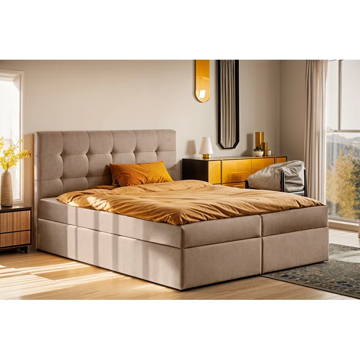 Kaiser Möbel Boxspringbett Ludano mit Bonellmatratze H3 und Bettkasten, 200x200 cm, Veloursstoff Noel Beige