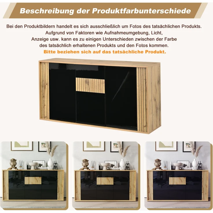 DESVIAE Sideboard Schwarz-Holzton aus MDF/Spanplatte – 140x71x35 cm – 3 Türen, 6 Fächer – Bild 4