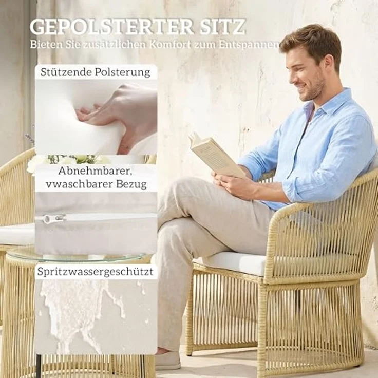 Outsunny Sitzgruppe Rattan-Bistro-Set, (Set, 3-tlg, 1 Tisch, 2 Sessel), Rattan-Bistro-Set mit Kissen – Bild 6