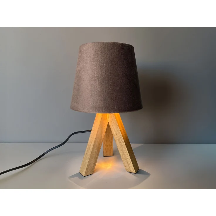 Tischlampe mit Dreibein aus Holz, Samtschirm Braun Gold, Höhe 27cm – Bild 3