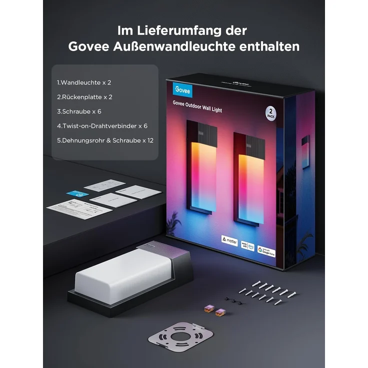Govee Outdoor Wandleuchte RGBIC, 1500LM Smart LED Wandleuchte Aussen mit 45 Scene Modes, IP65 Wasserdicht für Wandlampe, DIY Wandleuchte, Funktioniert mit Alexa, Google Assistant und Matter, 2 Stück – Bild 7