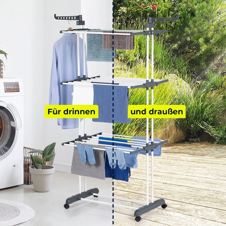 EASYmaxx Klappbarer Wäscheständer | Effizientes Trocknen mit 3 Ebenen, 2 Seitenflügeln & leichtem Aufbau | Platzsparend, vielseitig und mobil für drinnen und draußen, Grau/Weiß – Bild 4