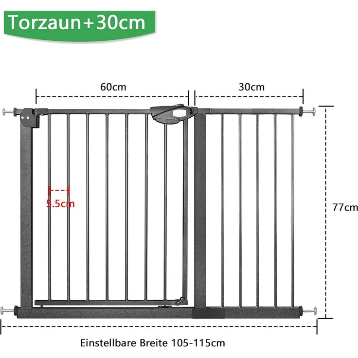 FIVMEN Treppenschutzgitter Türschutzgitter Treppengitter ohne bohren für Kindersicherheit, 76cm Hoch Weiß/Schwarz aus Metall