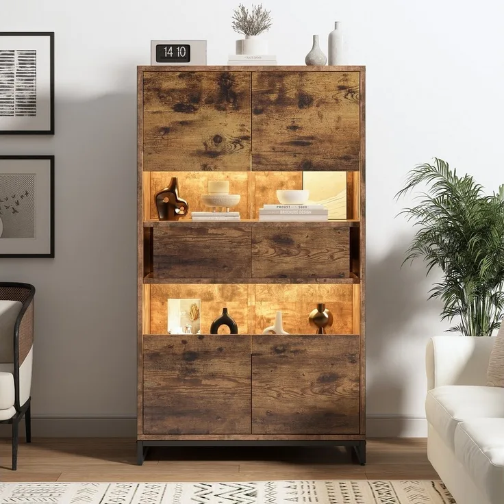 Merax Standvitrine mit LED-Beleuchtung & Acrylfront, Highboard in Schwarz & Holzoptik (1-St, Matt Vitrinenschränke Stauraumvitrine Bücherregale Weinschränke) Vitrine Hochschrank mit 5 Ebenen,2 Schubladen & Push-Türen,80x40x138cm
