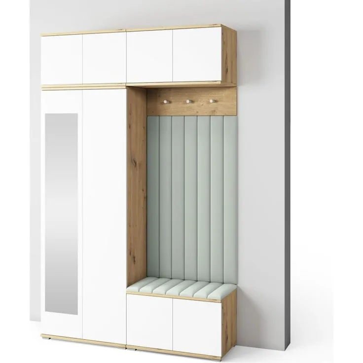 Garderoben-Set Aura Version 9: Kleiderschrank mit Polsterpaneelen, Schuhschrank Flur und Eingangsbereich (weiß/Artisan-Eiche /Trinity 21), 225 x 40 x 140 cm