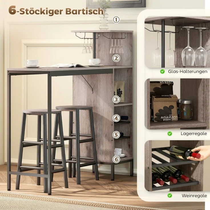 3-tlg, Bartisch-Set mit Stauraum, Weinregalen, Glashaltern, Hockern mit Fußstütze, für kleine Räume, Grau--Grau--121.5x40x122cm--YOUDENOVA – Bild 2