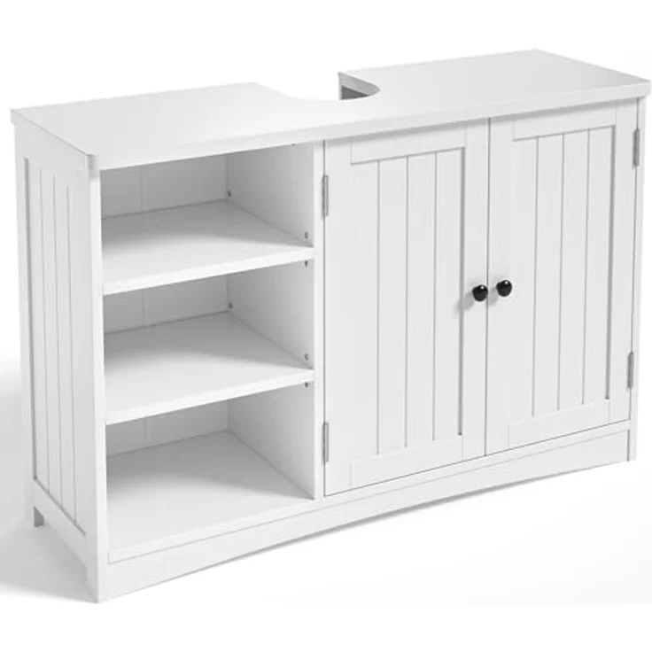 Bealife Waschbeckenunterschrank, Badezimmerschrank 90 x 30 x 60 cm, mit 2 Türen, 5 Fächern und höhenverstellbarem Einlegeboden in 3 Stufen, Magnetverschluss, viel Stauraum, wasserabweisend (Weiß) – Bild 2