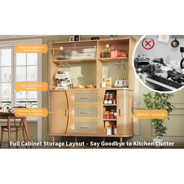 TavilaEcon Küchenbuffet Hochwertiger Buffetschrank mit Rattanoptik & Glasschiebetüren natur 174,5 × 40,5 × 140 cm (H × T × B) – Bild 3