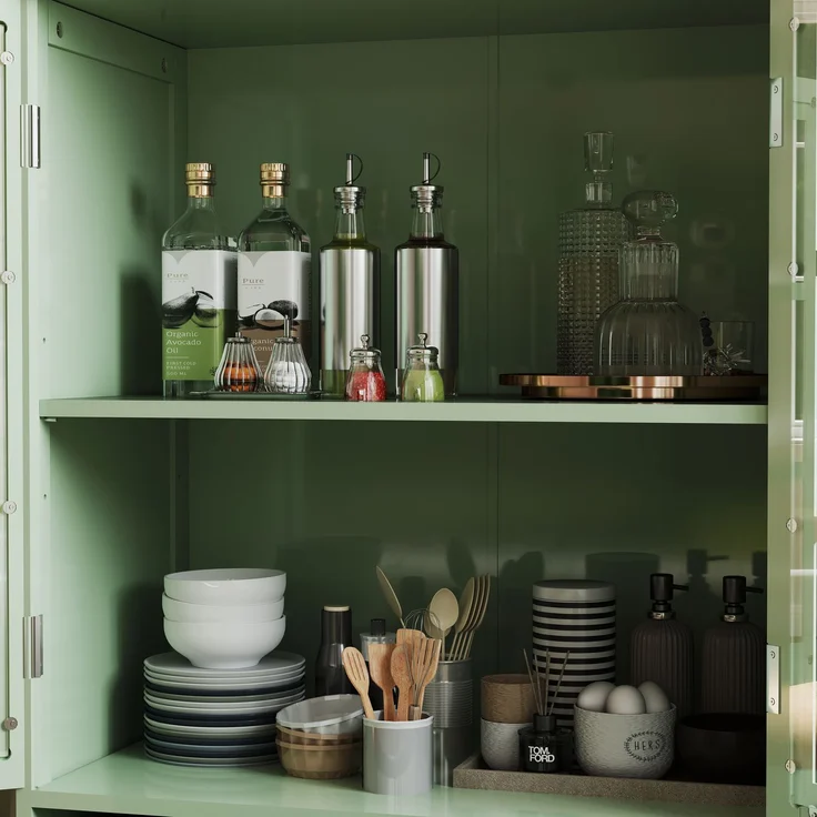 Vitrine 38 x 71 x 93 cm aus MDF mit Glastüren und Schublade in Mintgrün – Bild 2