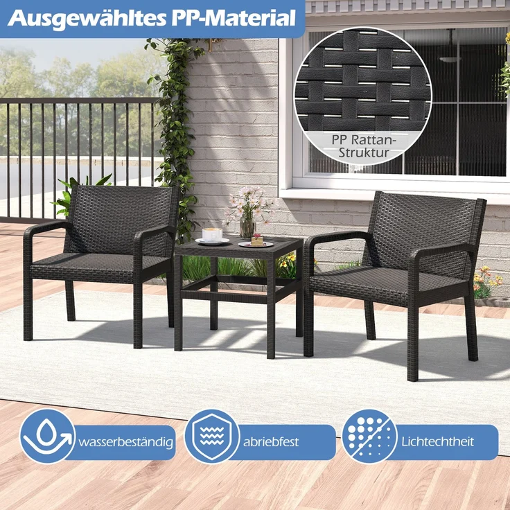 3tlg. Rattan Gartenmöbel Set Wetterfestes Balkonmöbel Balkonset inkl. 2 Stühle mit Tisch Schwarz – Bild 4