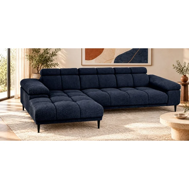 Ecksofa Schlafsofa SENVELIO RELAX in Stoff Glam Dunkelblau Ottomane Links – Bild 1