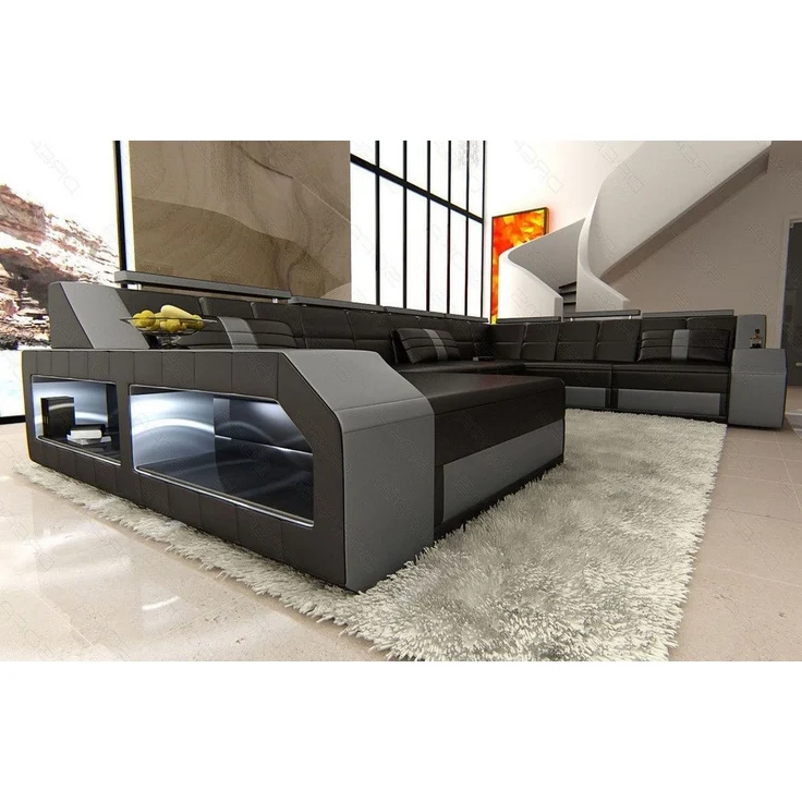XXL Leder Wohnlandschaft Matera - Ledermix - schwarz-grau - Links – Bild 6